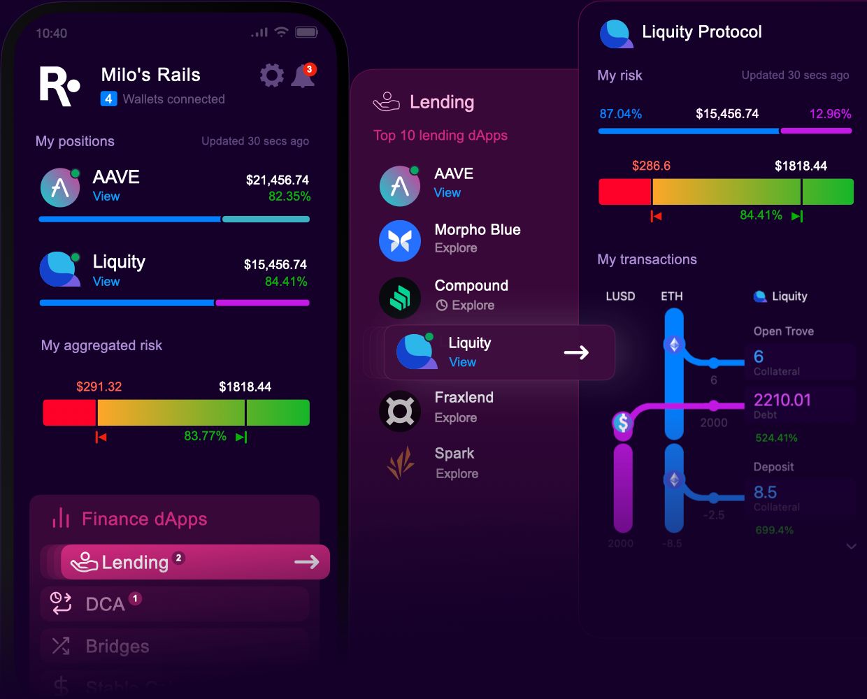 Rails mobile mockups for DeFi protocols